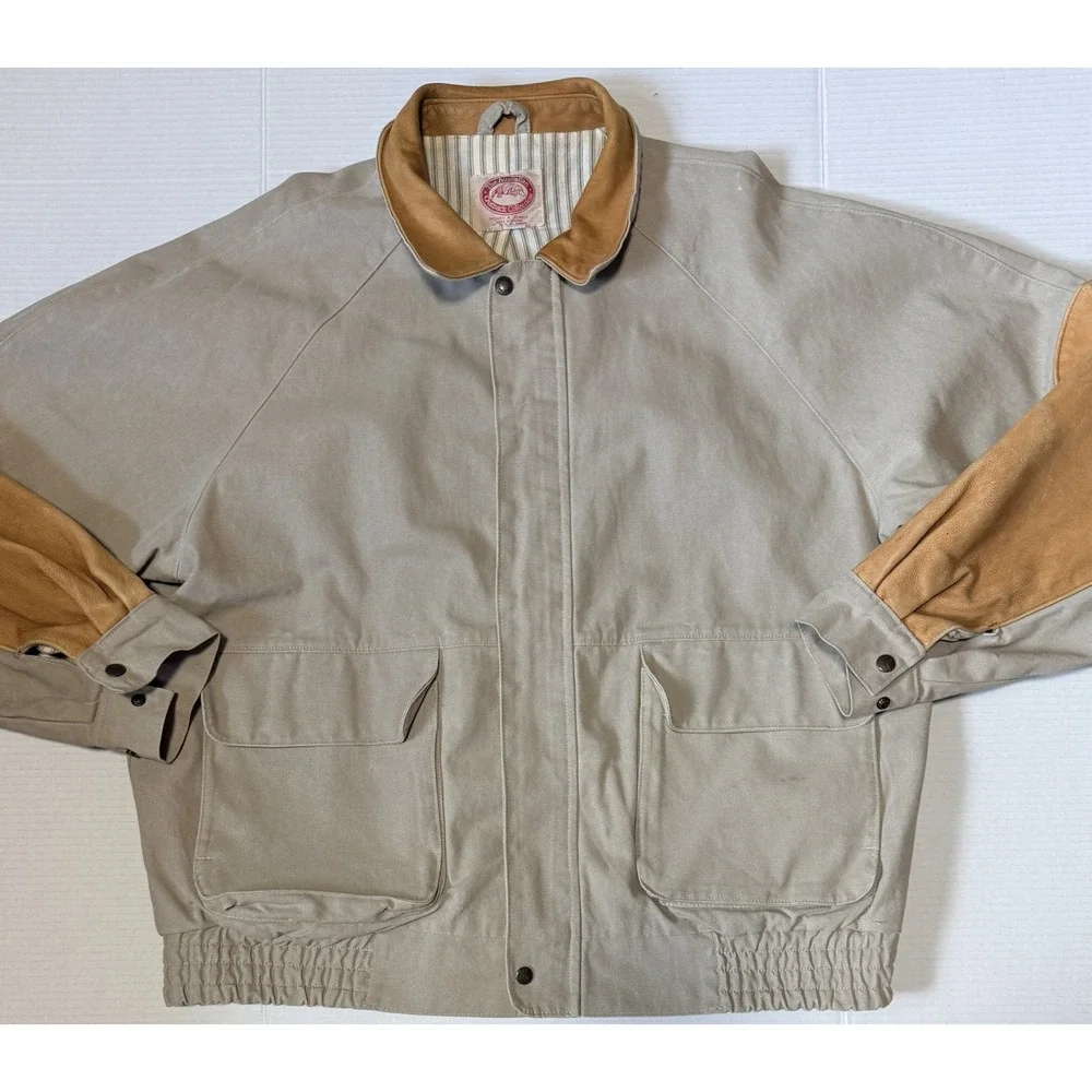 AUSTRALIAN OUTBACK - Men's VTG Beige Canvas Leather Trim Bomber Jacket - X-Large